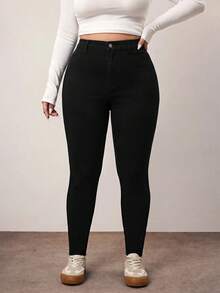SHEIN CURVE+ 大尺碼休閒寬鬆修身牛仔褲 素色百搭 正式時尚週穿搭 黑色 冬季秋季 早午餐 外出度假造型 - 黑色 - 查看 5