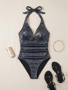 SHEIN Swim 女士新款夏季 V 领露背性感连体泳衣、海滩/度假装 - 黑色 - 查看 9