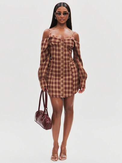NYA SZN Dress MIni Length Button Front Cold Shoulder Long Sleeve Plaid Flannel Sexy Club Going Out Birthday Party Fall