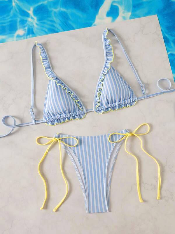 Sunnyshic Two Pieces Knitted Digital Stripe Back-Tie Women's Swimsuit