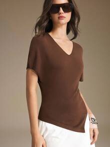 Ontre 2026 New Summer Women's Fitted Waist Dark Brown Batwing Sleeve Knit Sweater Top, V-Neck Asymmetrical Hem With Side Slit, Casual Commute Urban Modern Minimalist Elegant Tea Party Independence Day Old Money Style Teacher Outfit Office Wear Holiday Outfit Vacation Date Outing Fashion Versatile Women's Sweater - Brown - View 7