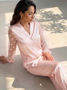 Rafferiza 3pcs Floral Lace Heart Mesh Splice Faux Silk Women Long Sleeve Top And Pants Pajama Set, Fall Winter Clothes - Pink - View 3