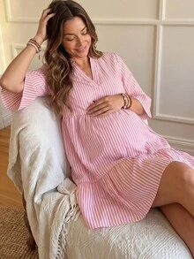 GentleRue Maternity Women's Stand Collar Striped Shirt Dress With Three-Quarter Sleeves For Maternity Fall - Pink - View 8