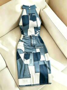 Resyla Women's Denim Effect Print Fashionable Slit Round Neck Casual Dress - Multicolor - View 2