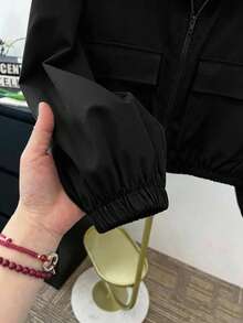 SHEIN 青少年女孩編織純色貼袋短版寬鬆休閒連帽外套 - 黑色 - 查看 4