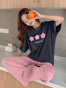 DAZY 女款極簡星星印花寬鬆短袖上衣與長褲 2 件套居家服 - 藏蓝色 - 查看 4