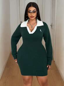 Maweii Plus Size Women's Knitted Polo Collar Embroidered Horse Riding Slim Fit Dress - Dark Green - View 5