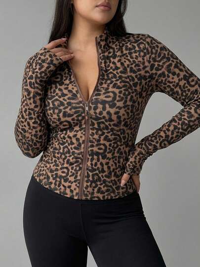 Dazy Plus Plus Size Spring/Autumn New Leopard Print Sports Casual Fitness Jacket