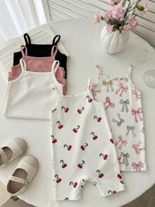 SHEIN Set de 5 piezas de mono informal para bebé niña con patrón de corazón de unicolor tejido - Multicolor - Ver 3