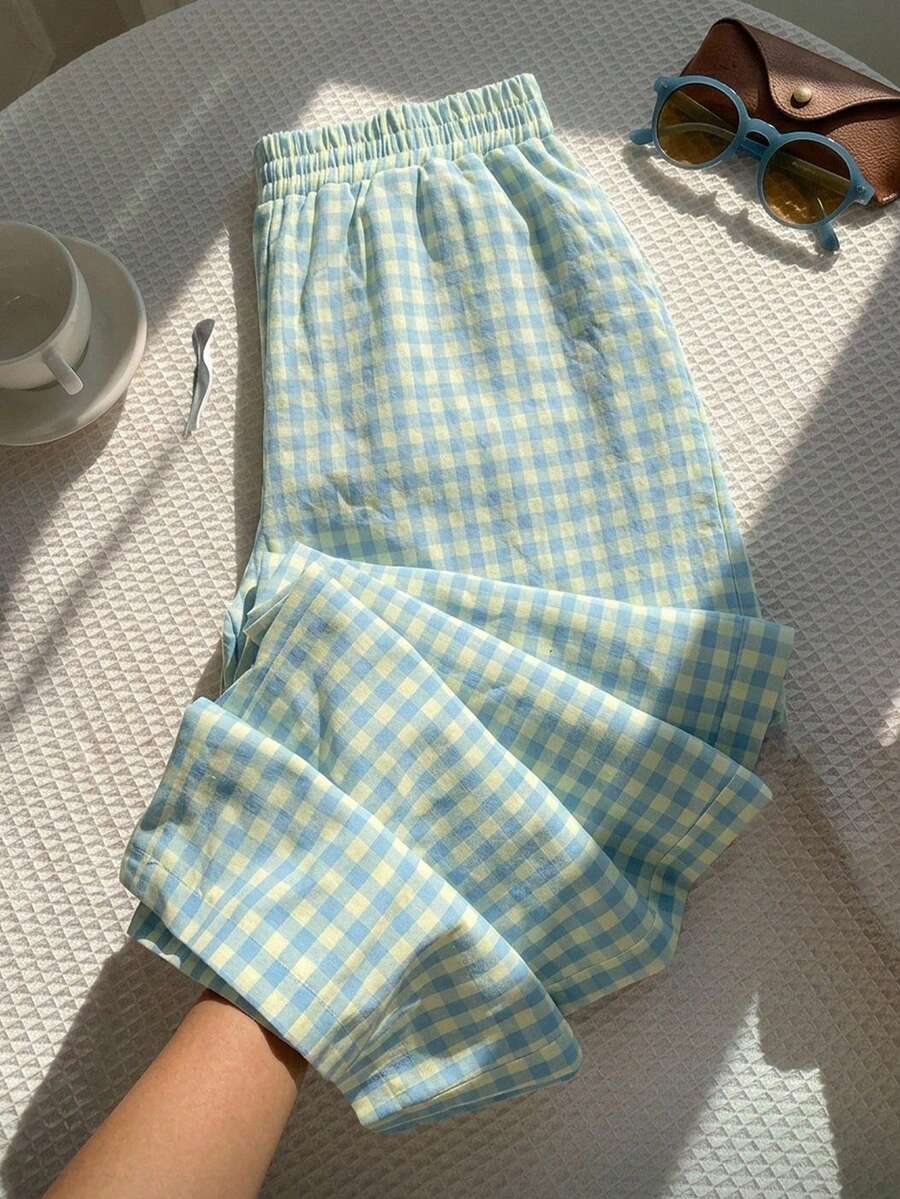 Dazy Plus Elastic Waist Plaid Loose Long Home Wear Cute Casual Pajama Bottoms Fall - Mint Blue - View 1