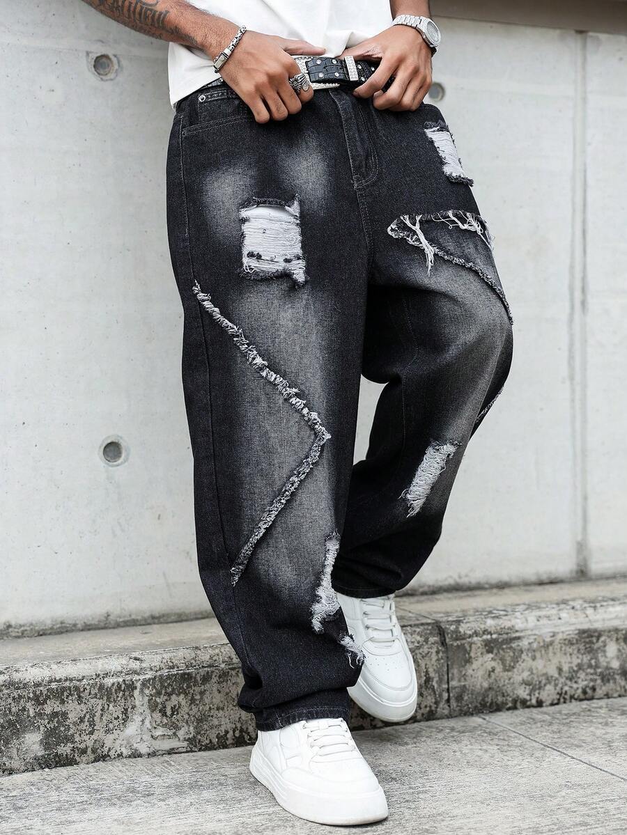 NEOSTRIT Men's American Street Style Distressed Patchwork Raw Edge Denim Jeans - Black - View 1