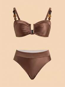 Travachic Women's Vacation Beach Beaded Decor Swimsuit Set - Brown - View 6