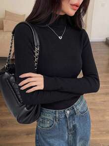 DAZY Women's Solid Color High Neck Fitted Long Sleeve Pullover Sweater - Black - View 2