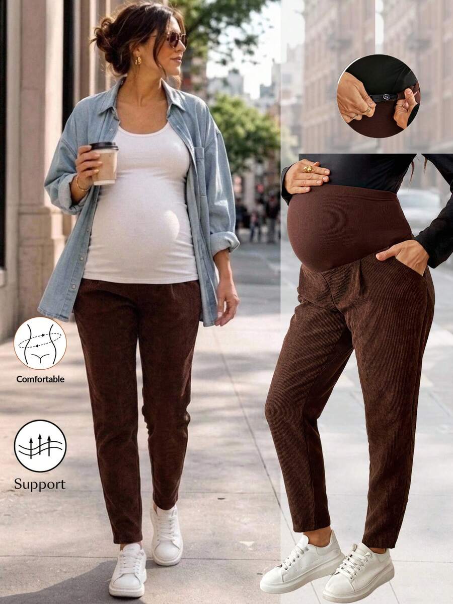 SHEIN Maternity Solid Color Adjustable Waist Casual Long Pants Fall - Brown - View 1