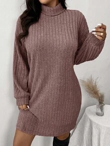 SHEIN Frenchy 休閒優雅極簡風高領羅紋刷毛洋裝，大尺碼，正式早午餐，秋冬女裝，灰玫瑰色 - 粉色 - 查看 5