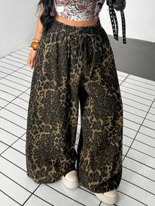 Jeanoix Y2K Casual Decent Plus Size Women's Leopard Print Washed Wide Leg Denim Jeans Formal Date Night Lime Green Summer - Multicolor - View 1