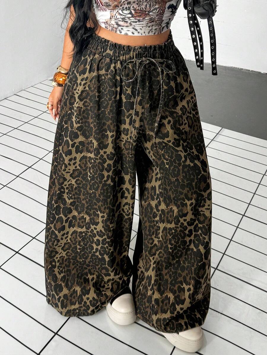Jeanoix Y2K Casual Decent Plus Size Women's Leopard Print Washed Wide Leg Denim Jeans Formal Date Night Lime Green Summer - Multicolor - View 1