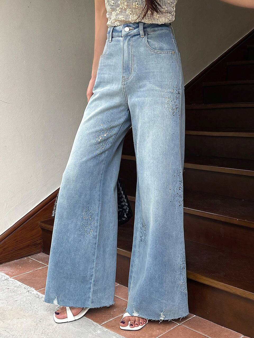 Women's Washed Sequin Loose Wide Leg Street Casual Jeans