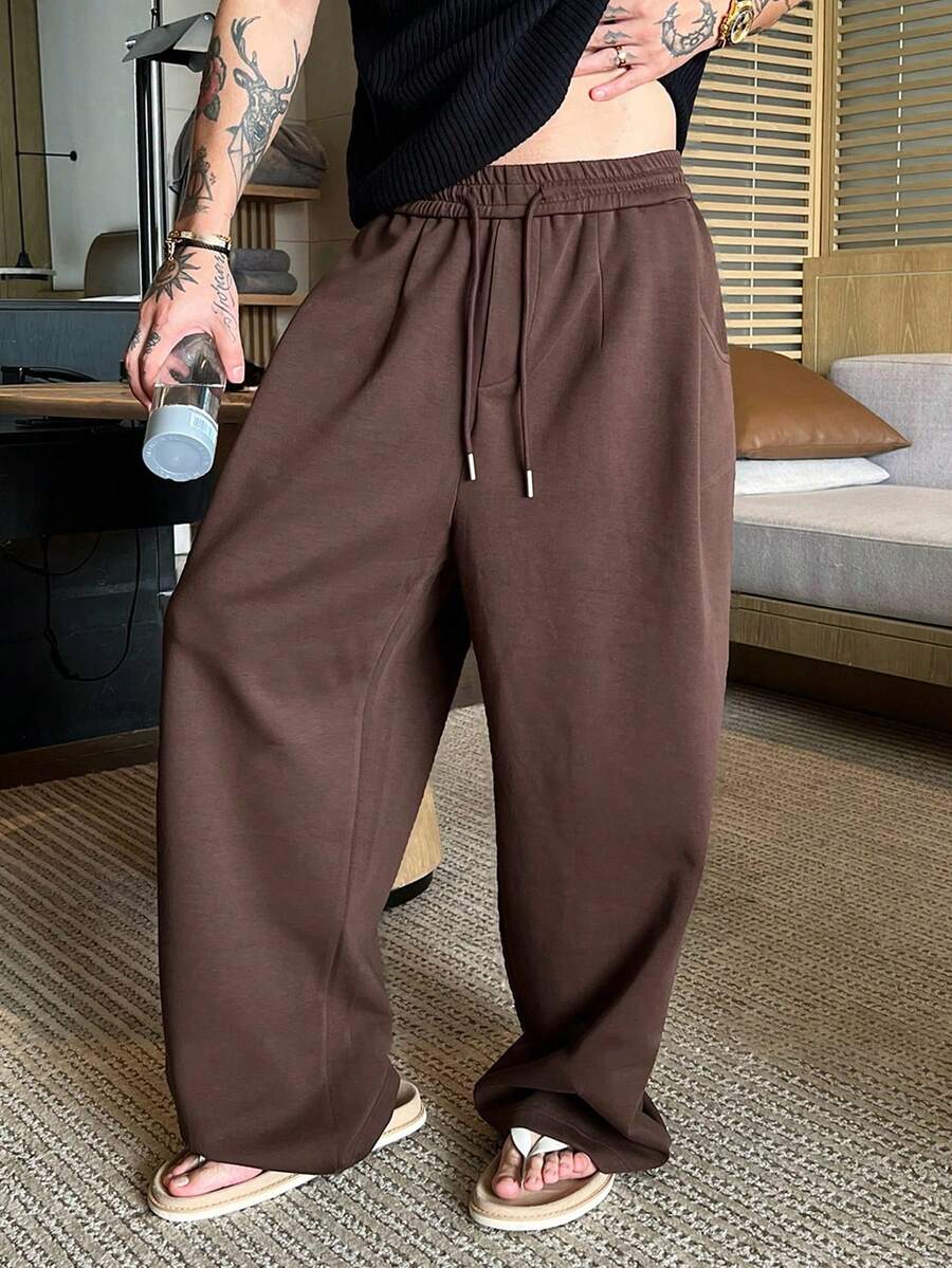 DAZY Spring/Autumn Loose Brown Elastic Waist Pleated Design Men's Sweatpants - Brown - View 1