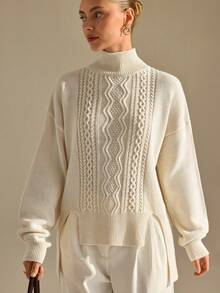 CLARA VERO Turtleneck Split Hem Cable Sweater, Loose Fit, Daily Or Cozy, Chunky Cable Knit, High Neck - White - View 3