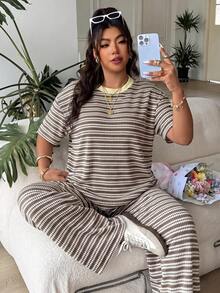 SHEIN EZwear 大尺碼女款棕色拼色短袖上衣與長褲兩件套，適合辦公、度假、夏季，1960年代與90年代風格 - 彩色 - 查看 3