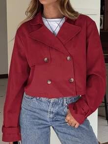 SHEIN EZwear Women's Apricot Solid Color Double-Breasted Cropped Jacket In Fall/Winter - Red - View 4