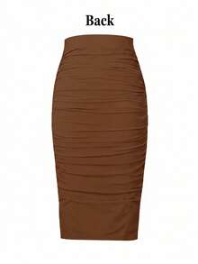 EMERY ROSE Falda ajustada sexy de unicolor con pliegues para mujer, adecuada para uso diario y citas - Café integral - Ver 5
