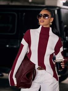 Hauture Atasan Rajut Bergaris Vertikal Blok Warna Burgundy dan Putih untuk Wanita dengan Kerah Tegak - Krem - View 1