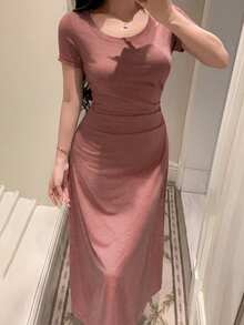 DAZY Gaun Santai Wanita Musim Panas Elegan Warna Polos - Mocha Brown - View 3