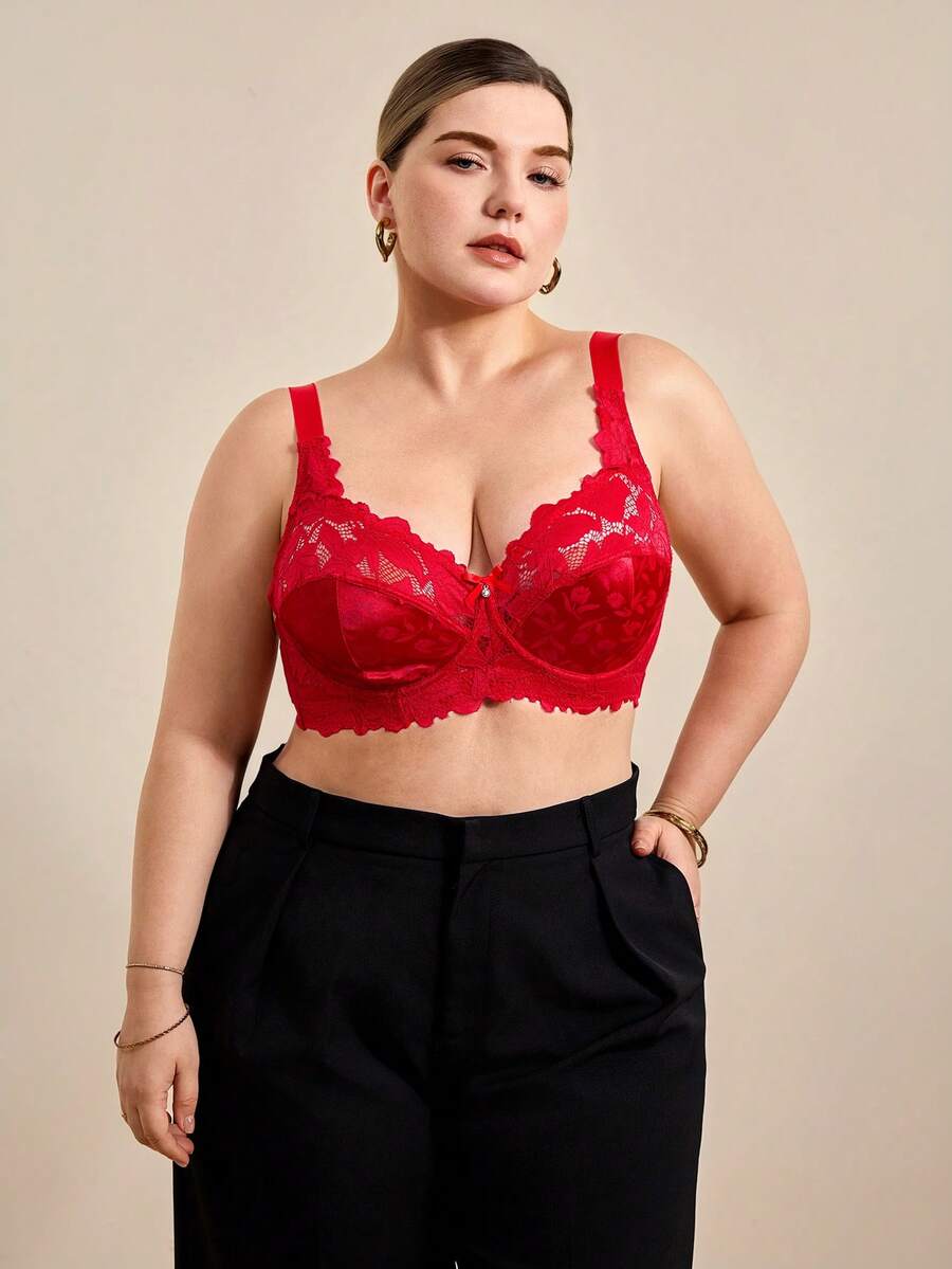 Hourtrue Plus Size Women Fashion Lace Patchwork Underwire Bra
