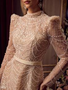 MOTF Soiréza ELEGANT WOMEN'S BEADED LONG SLEEVE MOCK NECK MAXI GOWN FOR FORMAL EVENING PARTY - Champagne - View 2