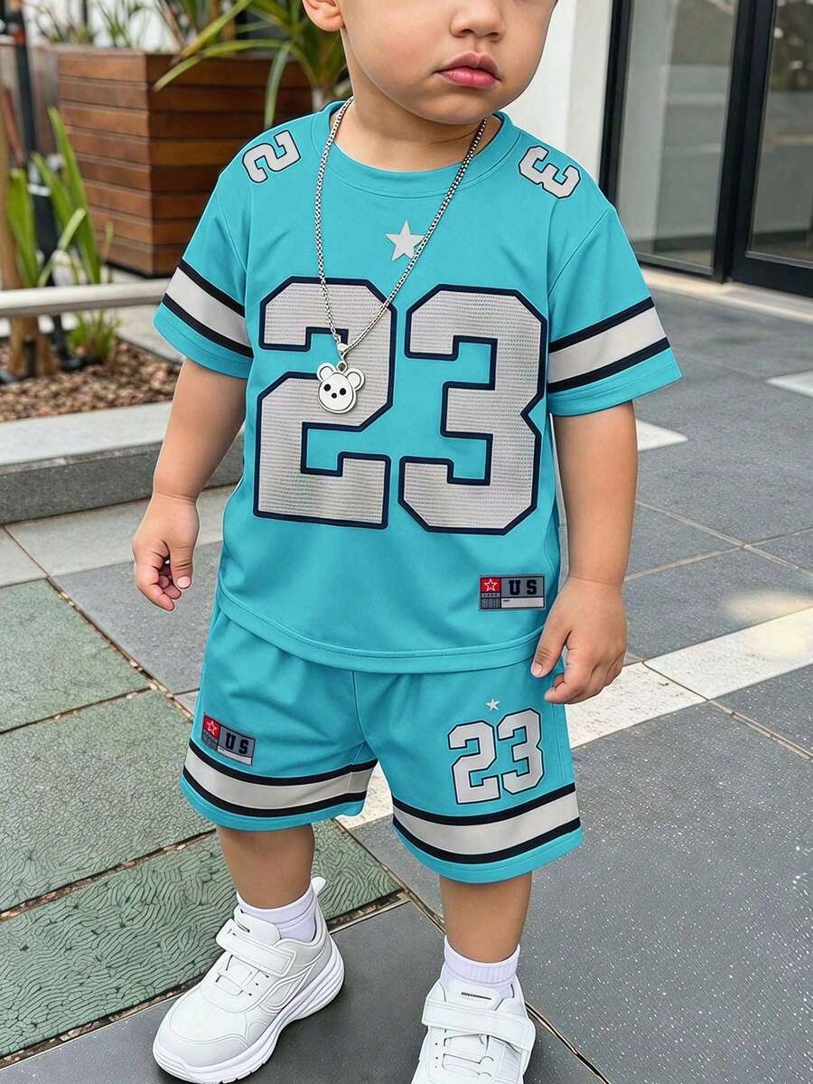 小男孩休閒簡約數位印花短袖T恤與短褲套裝 - 彩色 - 查看 1