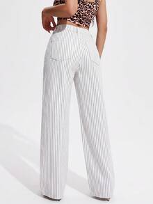 SHEIN PETITE 女款條紋直筒寬鬆休閒百搭牛仔褲 - 白色 - 查看 2