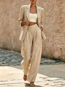 SHEIN Apricot Color Suit, Double-Breasted Long-Sleeve Suit And Straight-Leg Pants 2-Piece Set, Spring And Autumn Commuting Wear, Office Wear, Elegant Suit - Khaki - View 7