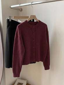 DAZY Cárdigan de punto de lana rojo minimalista de unicolor para mujeres - Burdeos - Ver 6