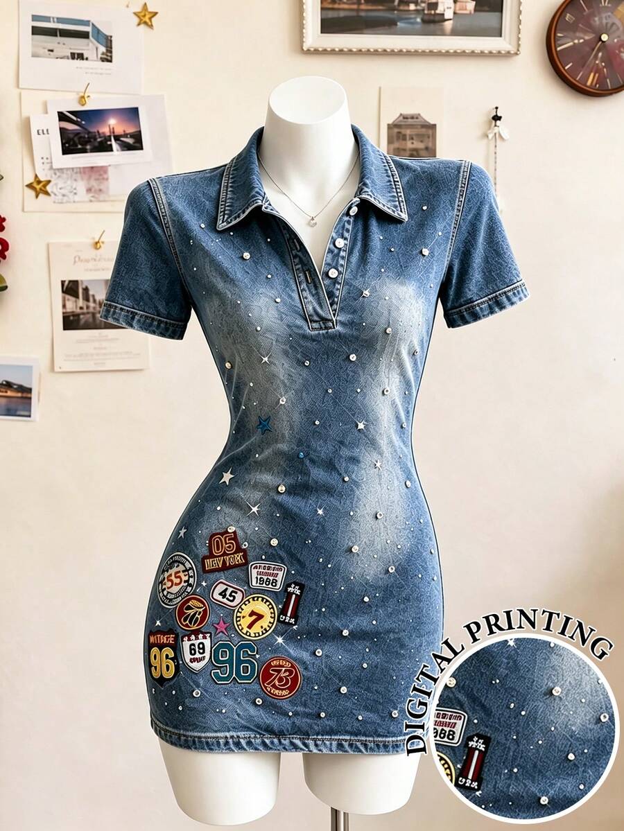 Lalippa Retro Badge Cross-Pattern Rhinestone-Embellished Printed Polo Dress Fitted Mini Club Dress - Multicolor - View 1