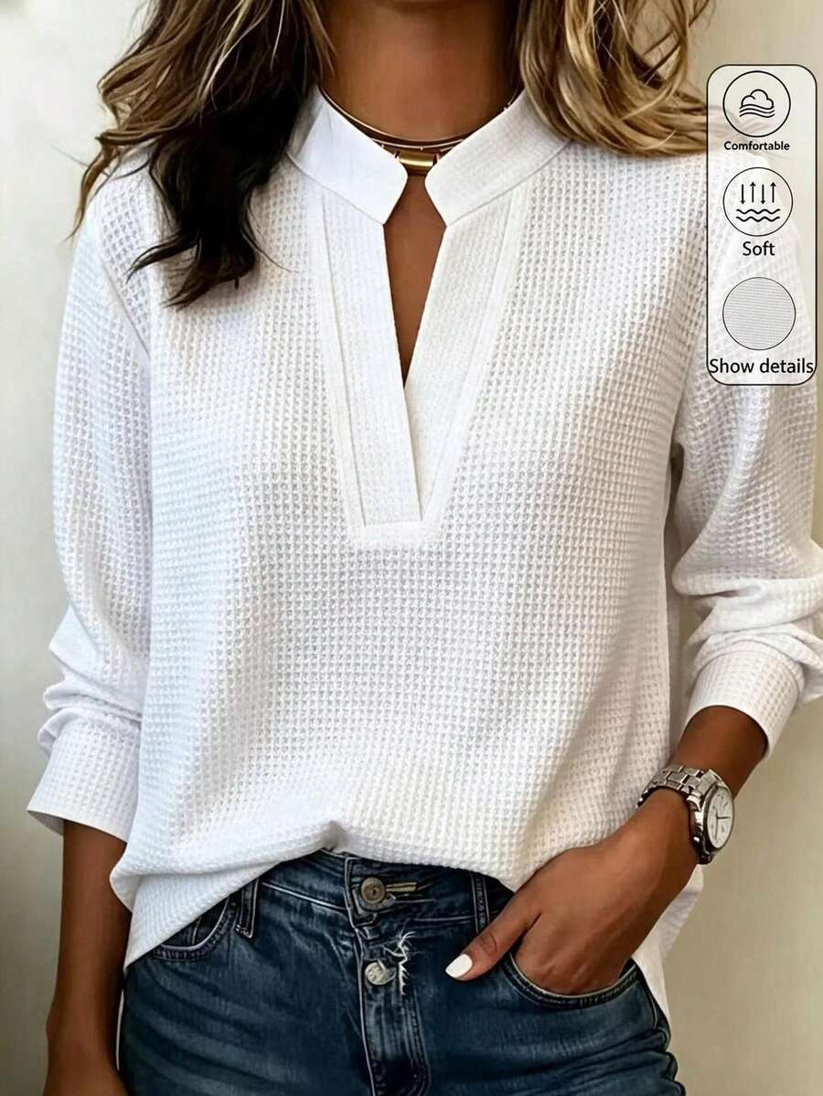 Louniche تي شيرت نسائي بياقة V محبوك بنمط الوافل بأكمام طويلة، ياقة واقفة، قصة فضفاضة، طبقة أساسية تنحيف، مناسب للبرانش والمكتب، أبيض بالكامل، كاجوال خريفي - أبيض - مشاهدة 1