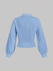 SHEIN MOD Light Blue,Autumn,Elegant,Everyday Plus Size Pleated Front Long Sleeve Fitted Ladies Blouse,Business Casual,90s,Back To School,Work Tops - Blue - View 2