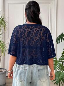 SHEIN EZwear 大尺碼女款海軍藍花卉網紗圓領短袖上衣 - 藏蓝色 - 查看 2