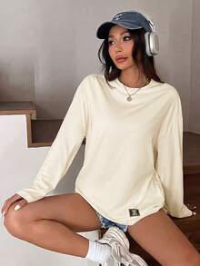 SHEIN EZwear 夏季純色蝴蝶結裝飾短版修身T恤 - 杏色 - 查看 6