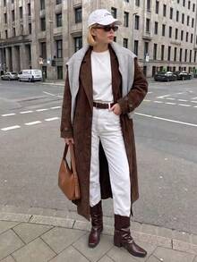 Struktiv Vintage Coffee Faux Suede Trench Coat, Notch Collar Adjustable Cuff Side Pocket Outerwear - Coffee Brown - View 7