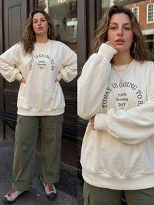 Dazy Plus Letter Embroidery Casual Plus Size Thermal Lined Thick Loose Long Sleeve White Girls Sweatshirt Fall - White - View 4