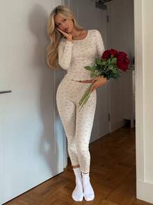 Dazy Tall Women's Ditsy Floral Fitted Long Sleeve Top And Pants Casual 2 Pieces Set Fall Vacation - Apricot - View 5