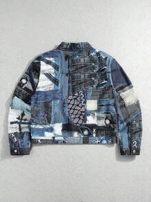 ROMWE MEN Street Life Men's Digital Pattern Casual Versatile Daily Denim Jacket - Blue - View 2