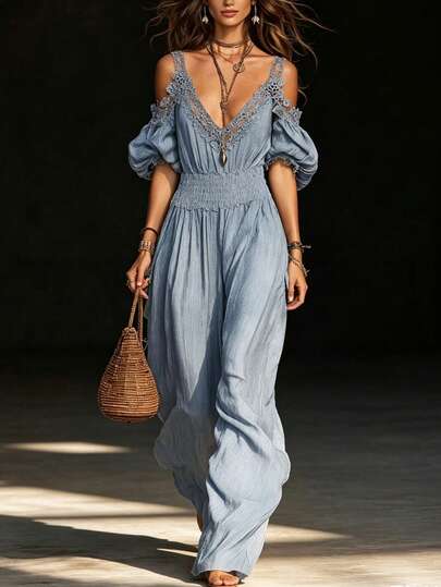LUMIGAL Women's Fashion Design Waist-Cinching Lace Sexy Off-Shoulder Jumpsuit