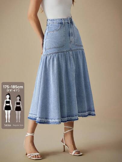 SHEIN Tall Women's High Waist Patchwork Denim Cake Skirt, Light Blue Washed Frayed Hem Tassel A-Line Flare Skirt, Hip-Covering Slimming Casual Commuter Skirt