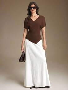 Ontre 2026 New Summer Women's Fitted Waist Dark Brown Batwing Sleeve Knit Sweater Top, V-Neck Asymmetrical Hem With Side Slit, Casual Commute Urban Modern Minimalist Elegant Tea Party Independence Day Old Money Style Teacher Outfit Office Wear Holiday Outfit Vacation Date Outing Fashion Versatile Women's Sweater - Brown - View 3
