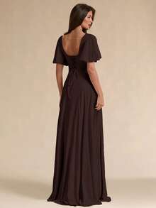 SHEIN BAE Spring/Summer Solid Apricot Square Neck Ruffle Sleeve A-Line Flare Maxi Dress - Coffee Brown - View 2