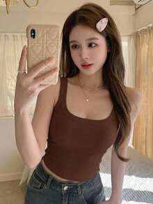 Livesso 女款純色休閒商務細肩帶背心，夏季學院風上衣，日常白天穿著，棕色 - 咖啡棕 - 查看 8