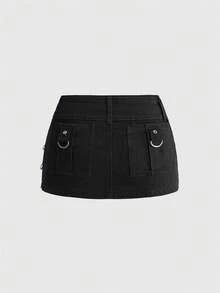 ROMWE Grunge Punk Indie Sleaze Dark Gothic Punk Metal Rivet Ring Design Fitted Bodycon Denim Skirt - Black - View 2
